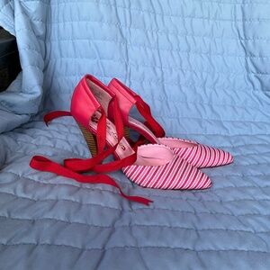 Poetic License- Pink Patterned with wood heel. Tie around ankle. Stunning!
